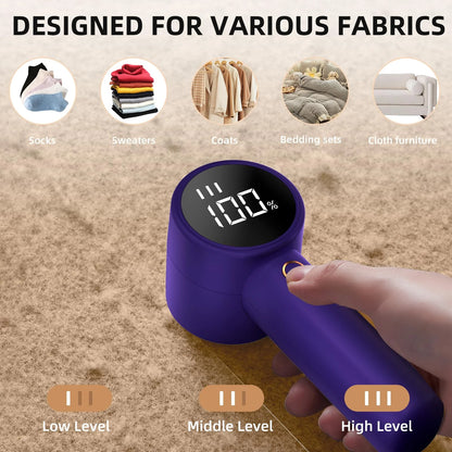 Fabric Shaver, Lint Remover Rechargeable, Electric Portable Sweater Defuzzer with 3 Speeds, 6 Leaf Blades, Digital LED Display to Remove Pilling for Clothes, Furniture, Sweater, Couch,Blanket
