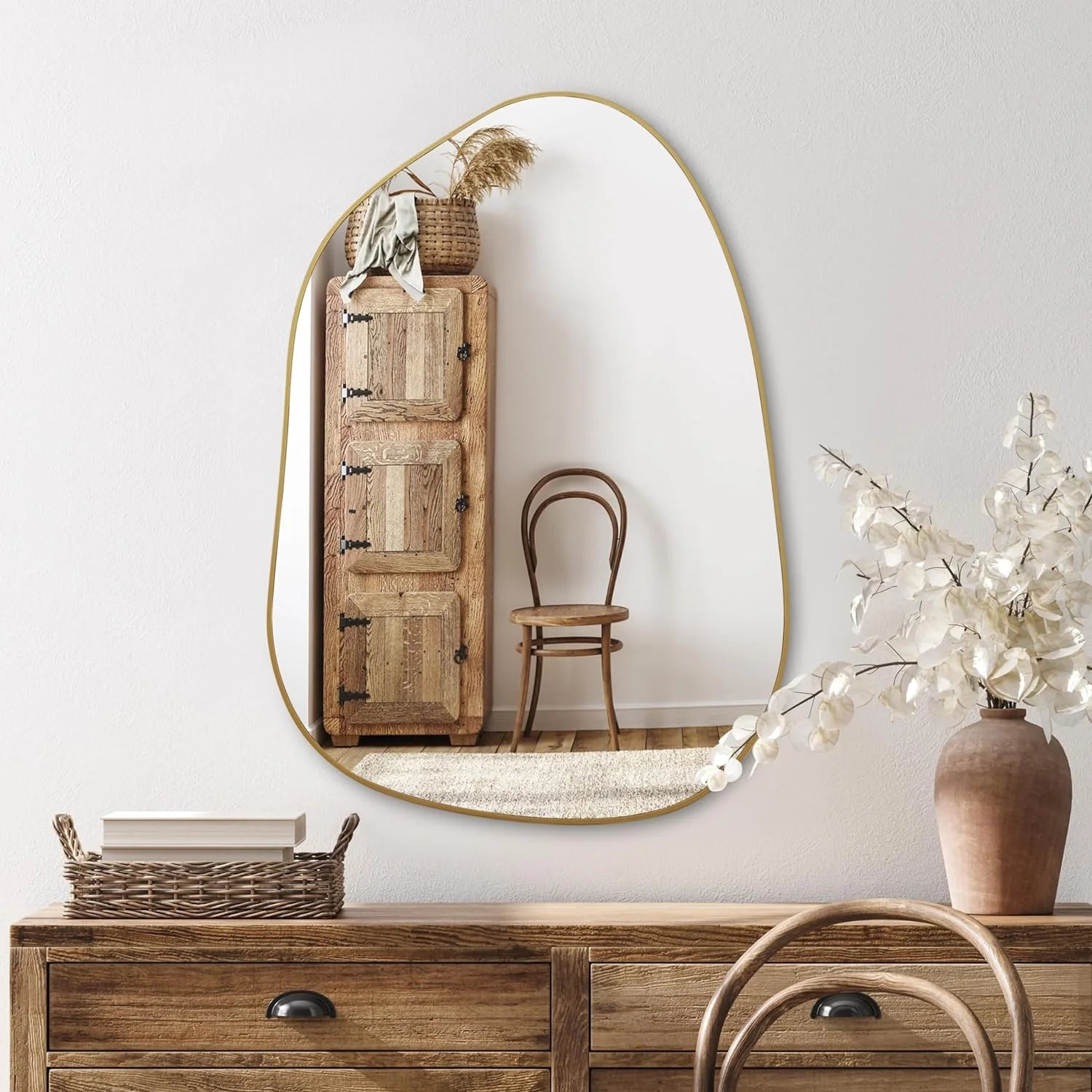 Irregular Wall Mirror Asymmetrical Mirror, 28''X20'' Black Wood Framed Mirror for Bathroom Bedroom Living Room Entryway, Decorative Modern Wall Decor, Wall Mounted Mirror (Black, 28''X20'')