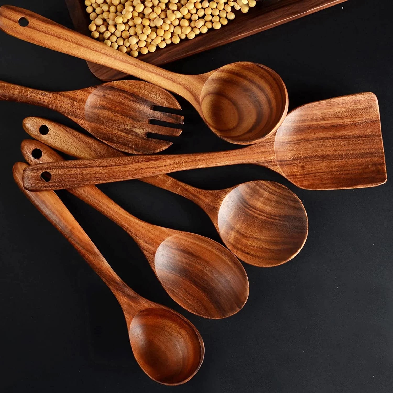 Wooden Spoons for Cooking, Teak Wooden Kitchen Utensils Set Wooden Cooking Utensils 6Pcs Wooden Spatulas Wooden Utensils for Cooking